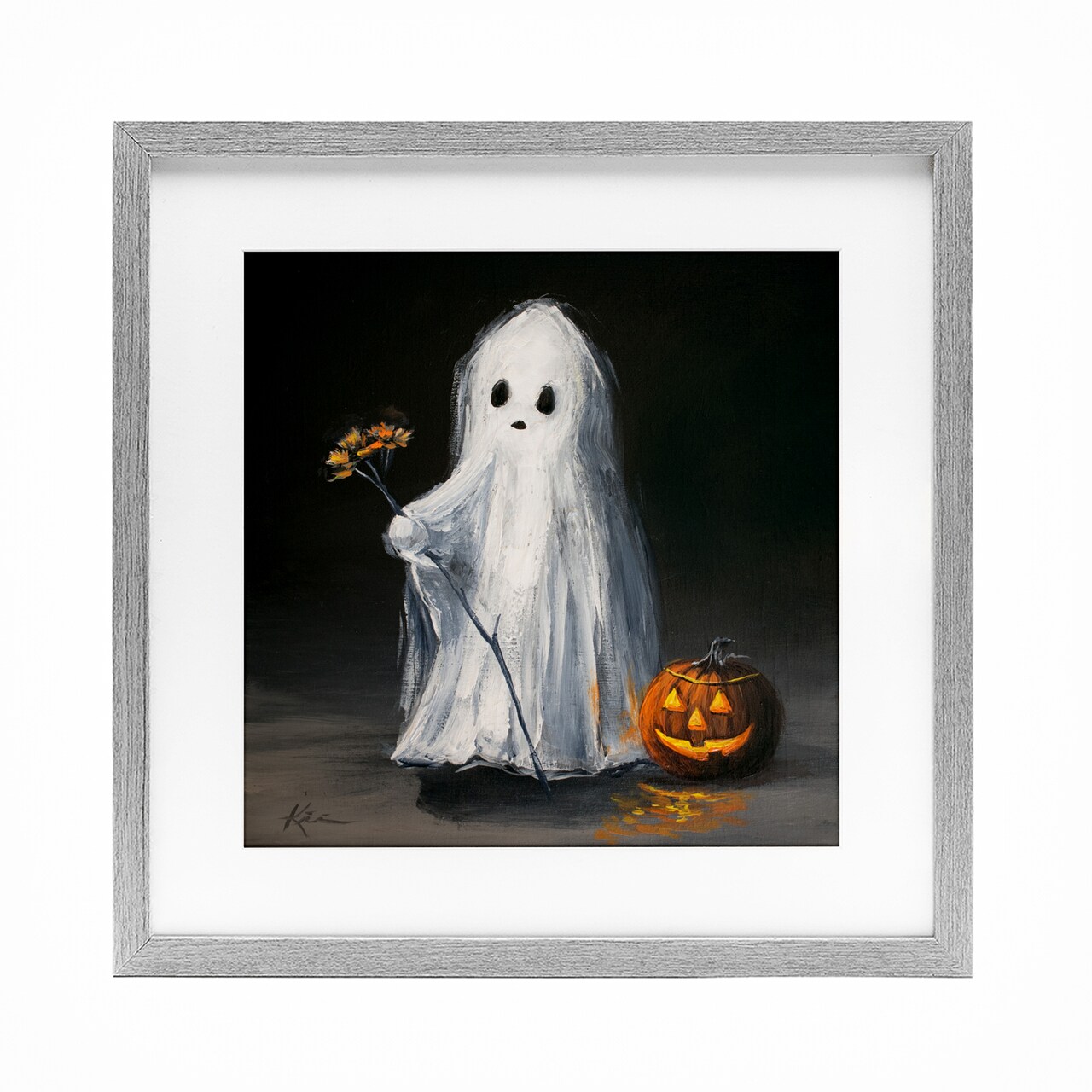 Vintage Halloween Ghost & Pumpkin Framed Print Under Glass Art